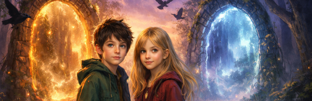 Susanna Elliot - Guardians of the World Gates - portal fantasy books with autistic twins heroes - Jill & Jay Warde in front of the portals.